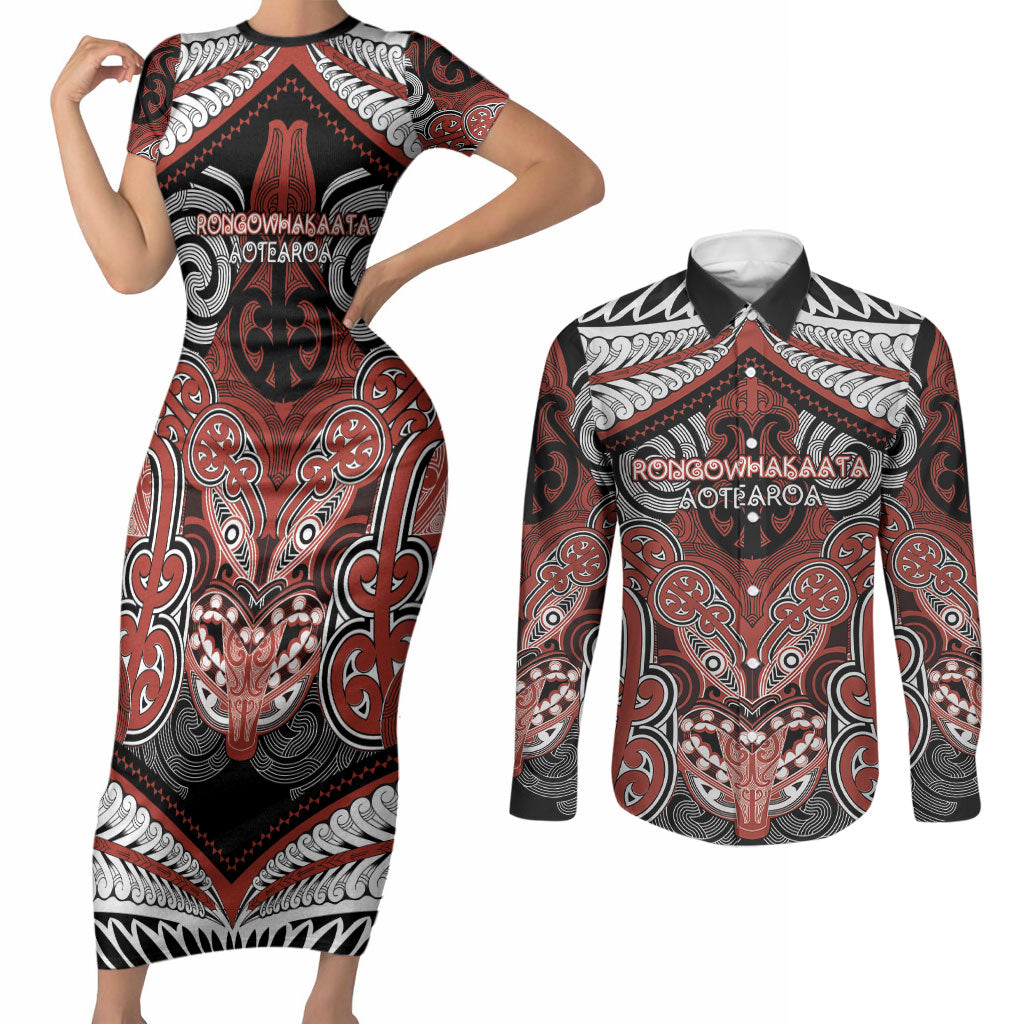 Aotearoa Iwi Rongowhakaata Personalised Couples Matching Short Sleeve Bodycon Dress and Long Sleeve Button Shirt Maori Kowhaiwhai Pattern