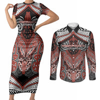 Aotearoa Iwi Rongowhakaata Personalised Couples Matching Short Sleeve Bodycon Dress and Long Sleeve Button Shirt Maori Kowhaiwhai Pattern