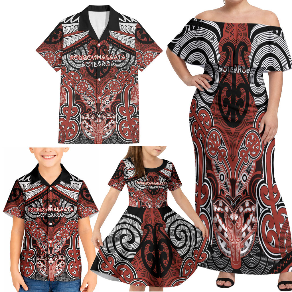 Aotearoa Iwi Rongowhakaata Personalised Family Matching Off Shoulder Maxi Dress and Hawaiian Shirt Maori Kowhaiwhai Pattern