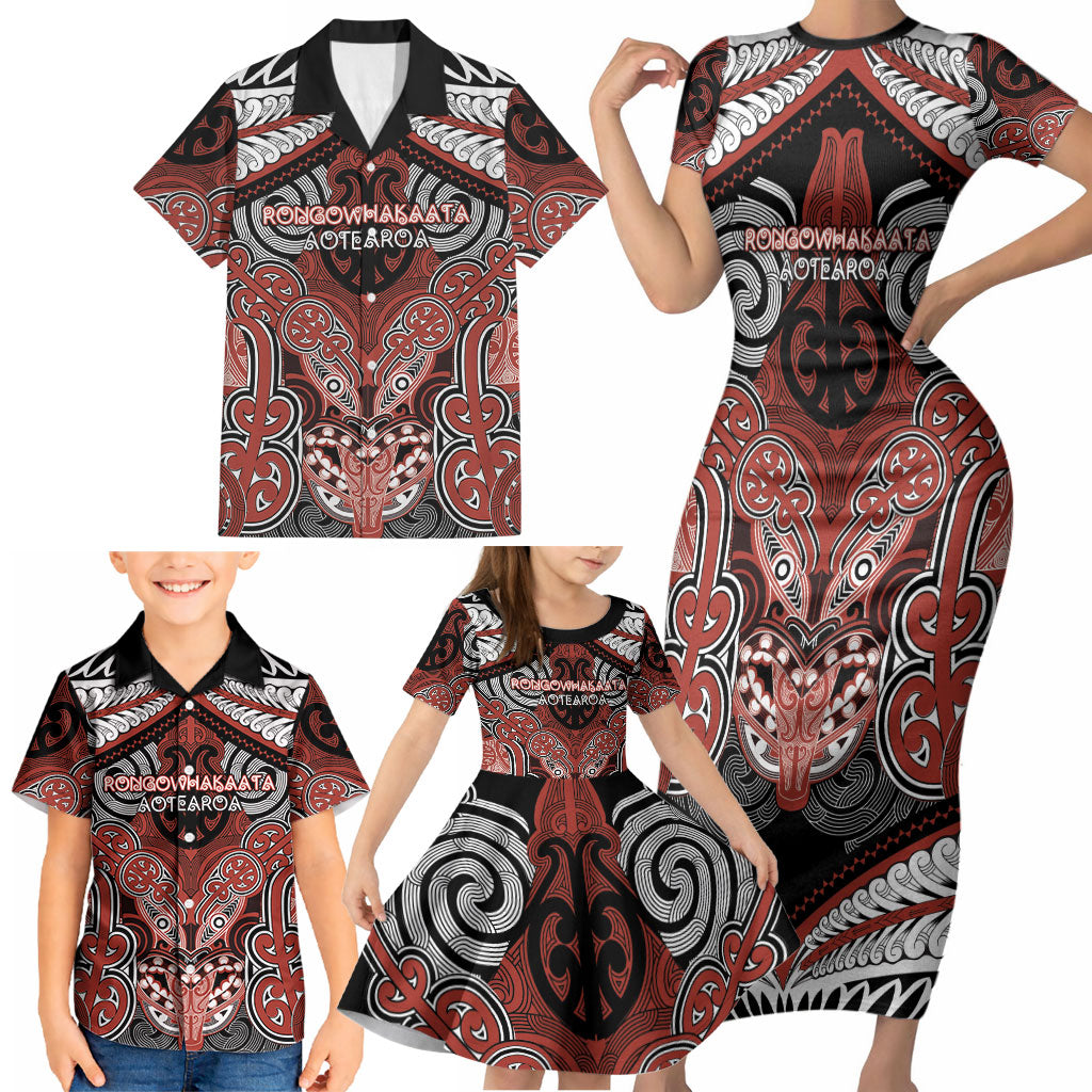 Aotearoa Iwi Rongowhakaata Personalised Family Matching Short Sleeve Bodycon Dress and Hawaiian Shirt Maori Kowhaiwhai Pattern