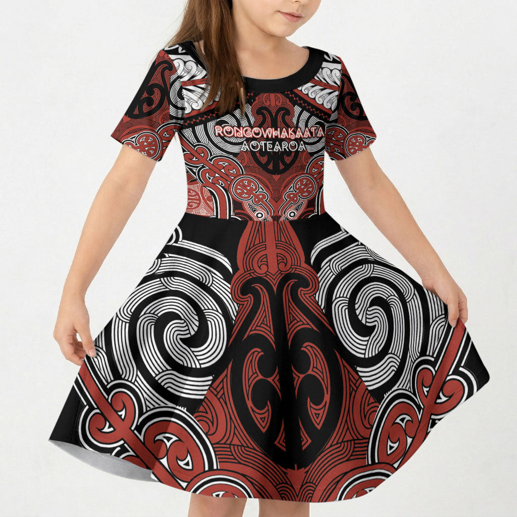 Aotearoa Iwi Rongowhakaata Personalised Kid Short Sleeve Dress Maori Kowhaiwhai Pattern LT19 KID Red - Polynesian Pride