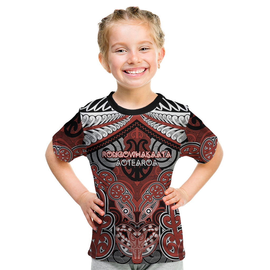Aotearoa Iwi Rongowhakaata Personalised Kid T Shirt Maori Kowhaiwhai Pattern LT19 Red - Polynesian Pride