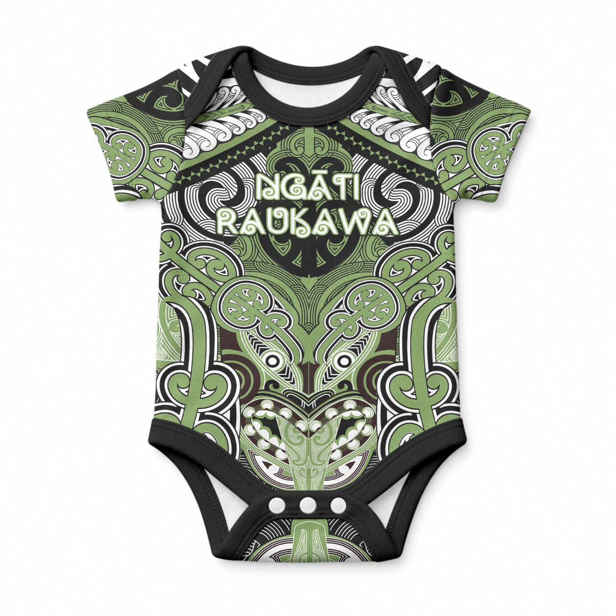 Aotearoa Iwi Ngati Raukawa Personalised Baby Onesie Maori Kowhaiwhai Pattern LT19 Green - Polynesian Pride