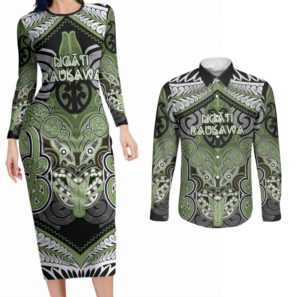 Aotearoa Iwi Ngati Raukawa Personalised Couples Matching Long Sleeve Bodycon Dress and Long Sleeve Button Shirt Maori Kowhaiwhai Pattern