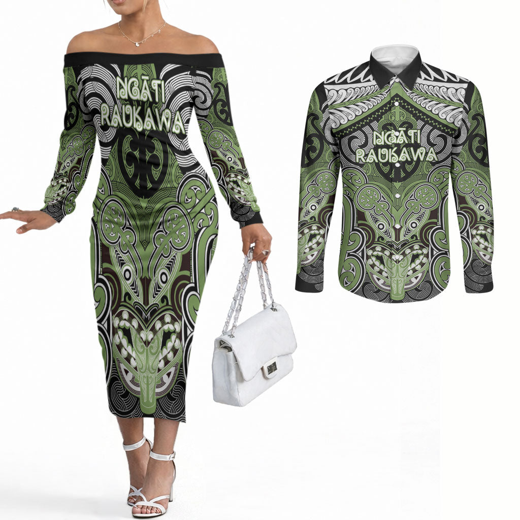 Aotearoa Iwi Ngati Raukawa Personalised Couples Matching Off The Shoulder Long Sleeve Dress and Long Sleeve Button Shirt Maori Kowhaiwhai Pattern
