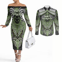 Aotearoa Iwi Ngati Raukawa Personalised Couples Matching Off The Shoulder Long Sleeve Dress and Long Sleeve Button Shirt Maori Kowhaiwhai Pattern