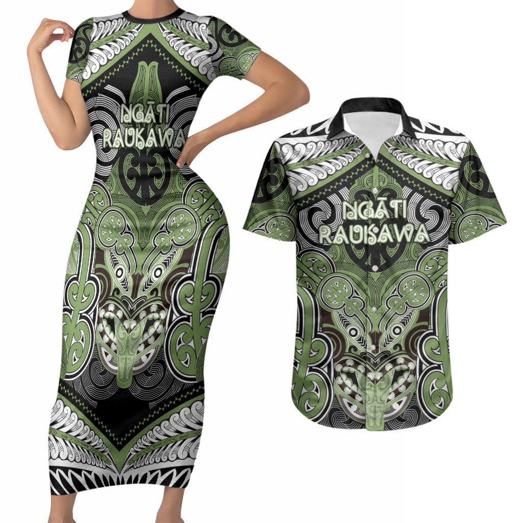 Aotearoa Iwi Ngati Raukawa Personalised Couples Matching Short Sleeve Bodycon Dress and Hawaiian Shirt Maori Kowhaiwhai Pattern