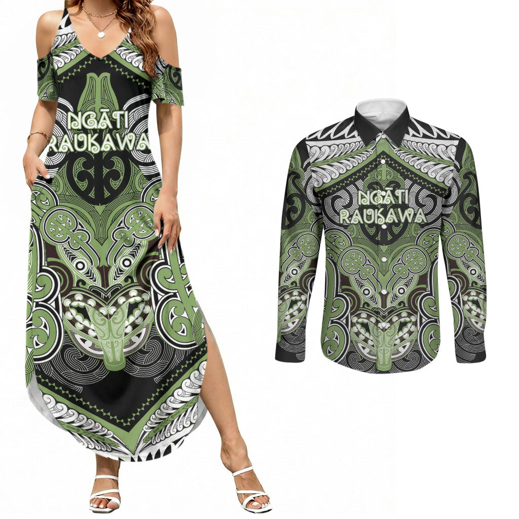 Aotearoa Iwi Ngati Raukawa Personalised Couples Matching Summer Maxi Dress and Long Sleeve Button Shirt Maori Kowhaiwhai Pattern