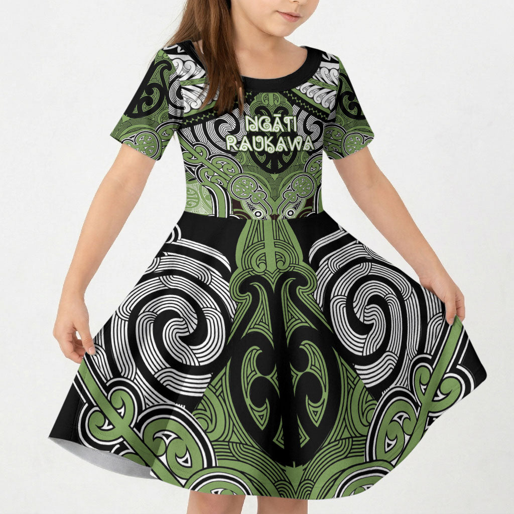 Aotearoa Iwi Ngati Raukawa Personalised Kid Short Sleeve Dress Maori Kowhaiwhai Pattern LT19 KID Green - Polynesian Pride