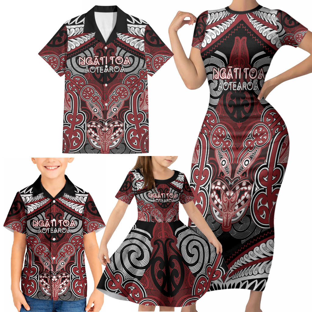 Aotearoa Iwi Ngati Toa Personalised Family Matching Short Sleeve Bodycon Dress and Hawaiian Shirt Maori Kowhaiwhai Pattern