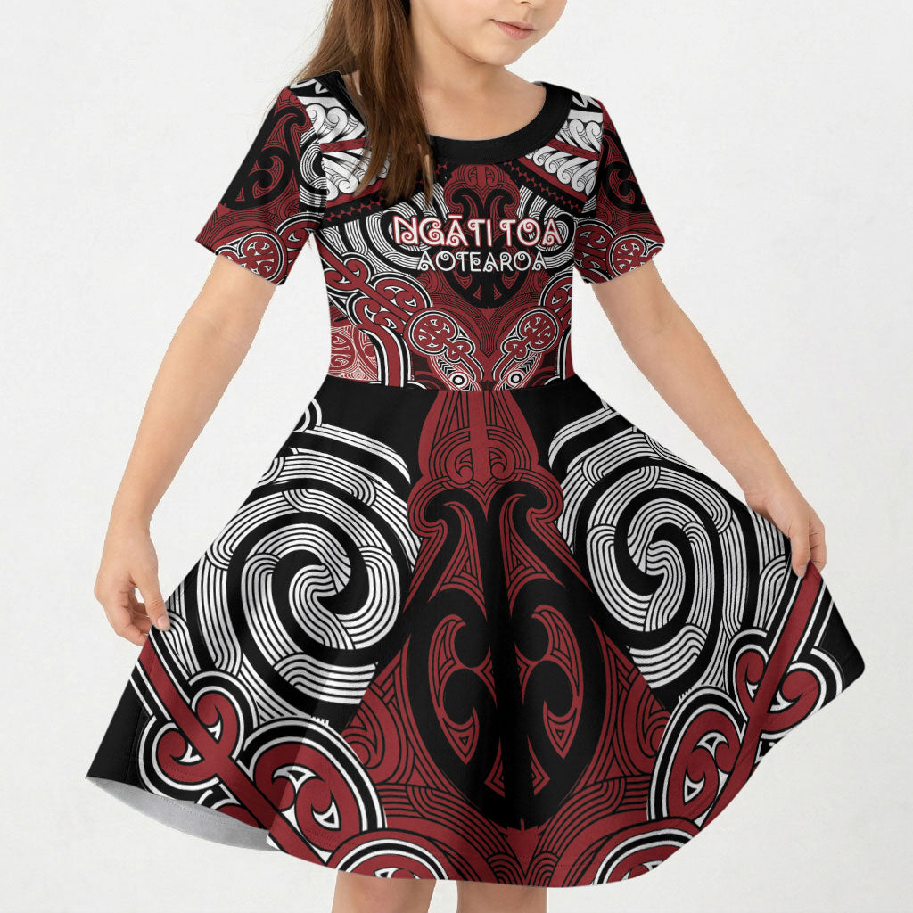 Aotearoa Iwi Ngati Toa Personalised Kid Short Sleeve Dress Maori Kowhaiwhai Pattern LT19 KID Red - Polynesian Pride