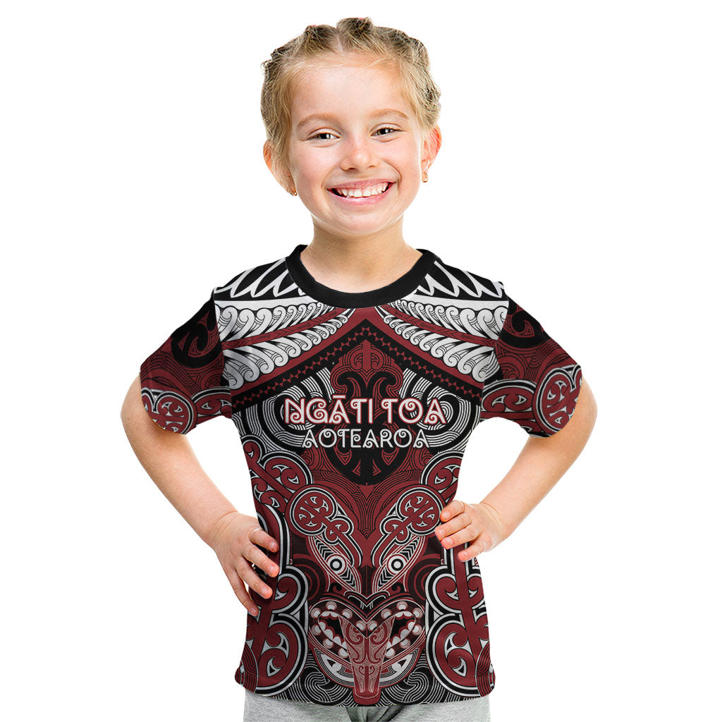 Aotearoa Iwi Ngati Toa Personalised Kid T Shirt Maori Kowhaiwhai Pattern LT19 Red - Polynesian Pride