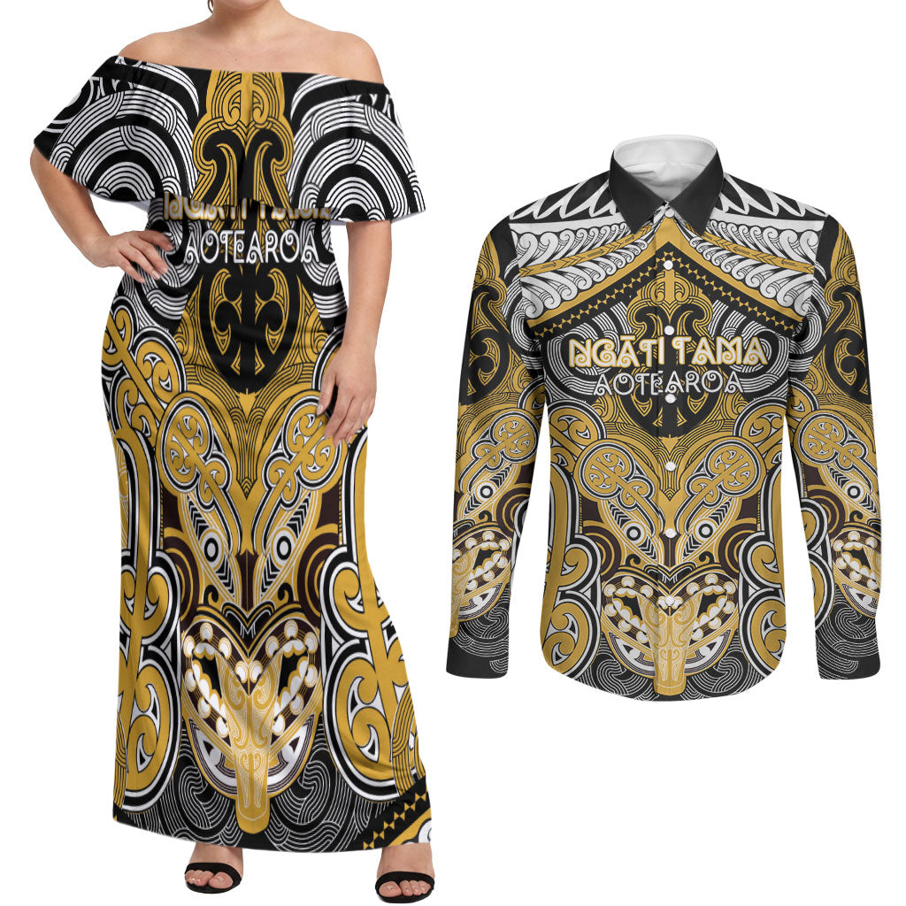 Aotearoa Iwi Ngati Tama Personalised Couples Matching Off Shoulder Maxi Dress and Long Sleeve Button Shirt Maori Kowhaiwhai Pattern