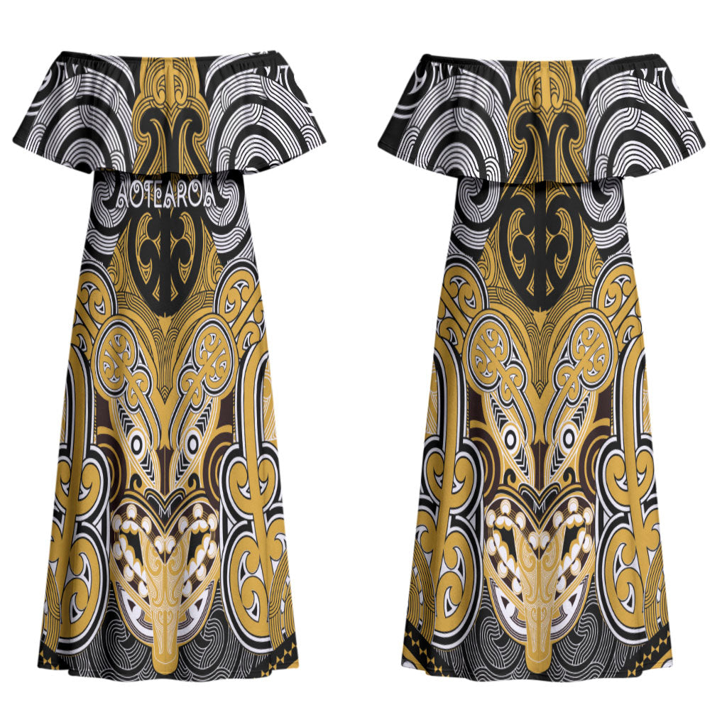 Aotearoa Iwi Ngati Tama Personalised Couples Matching Off Shoulder Maxi Dress and Long Sleeve Button Shirt Maori Kowhaiwhai Pattern