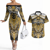 Aotearoa Iwi Ngati Tama Personalised Couples Matching Off The Shoulder Long Sleeve Dress and Hawaiian Shirt Maori Kowhaiwhai Pattern