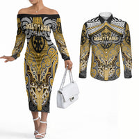 Aotearoa Iwi Ngati Tama Personalised Couples Matching Off The Shoulder Long Sleeve Dress and Long Sleeve Button Shirt Maori Kowhaiwhai Pattern