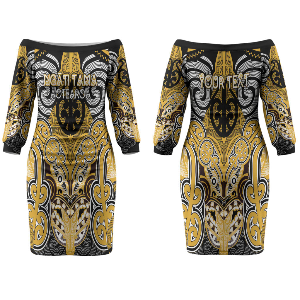 Aotearoa Iwi Ngati Tama Personalised Couples Matching Off The Shoulder Long Sleeve Dress and Long Sleeve Button Shirt Maori Kowhaiwhai Pattern