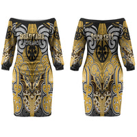 Aotearoa Iwi Ngati Tama Personalised Couples Matching Off The Shoulder Long Sleeve Dress and Long Sleeve Button Shirt Maori Kowhaiwhai Pattern