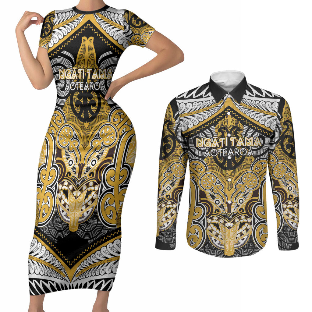 Aotearoa Iwi Ngati Tama Personalised Couples Matching Short Sleeve Bodycon Dress and Long Sleeve Button Shirt Maori Kowhaiwhai Pattern