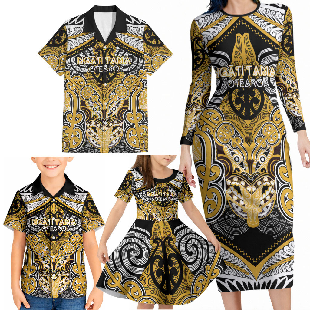Aotearoa Iwi Ngati Tama Personalised Family Matching Long Sleeve Bodycon Dress and Hawaiian Shirt Maori Kowhaiwhai Pattern