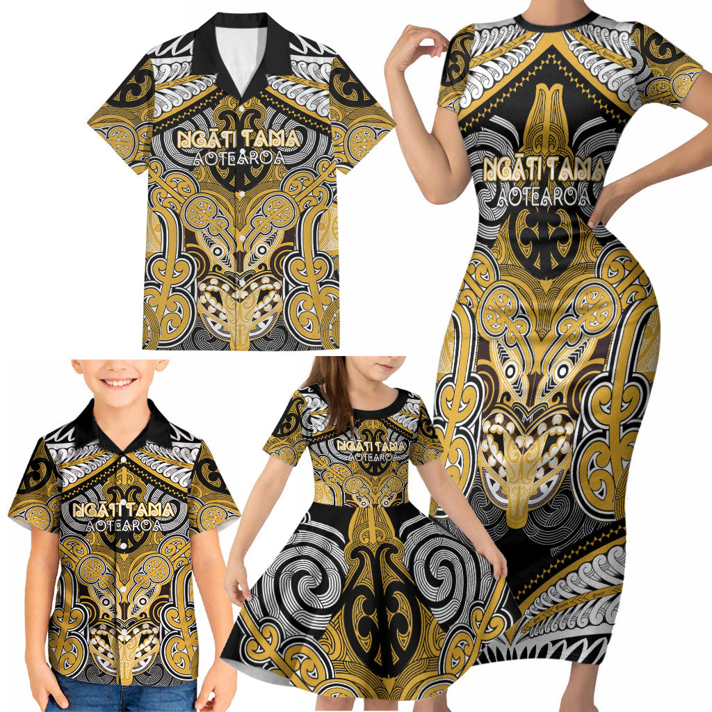 Aotearoa Iwi Ngati Tama Personalised Family Matching Short Sleeve Bodycon Dress and Hawaiian Shirt Maori Kowhaiwhai Pattern