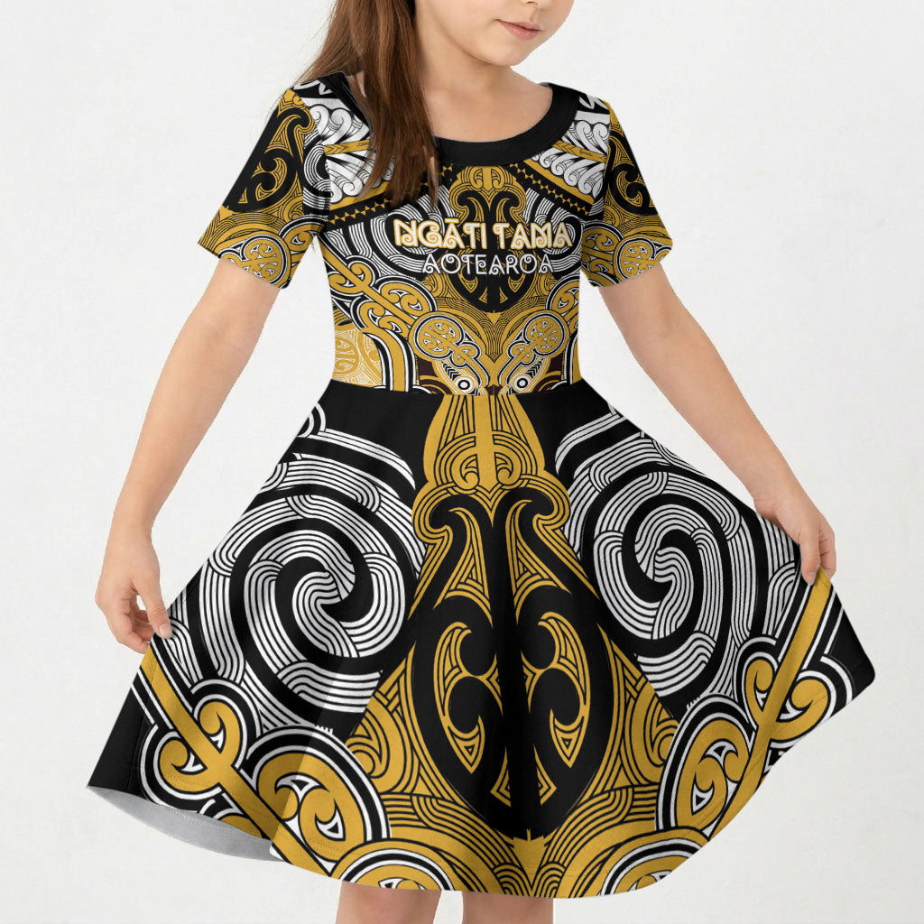 Aotearoa Iwi Ngati Tama Personalised Kid Short Sleeve Dress Maori Kowhaiwhai Pattern LT19 KID Yellow - Polynesian Pride