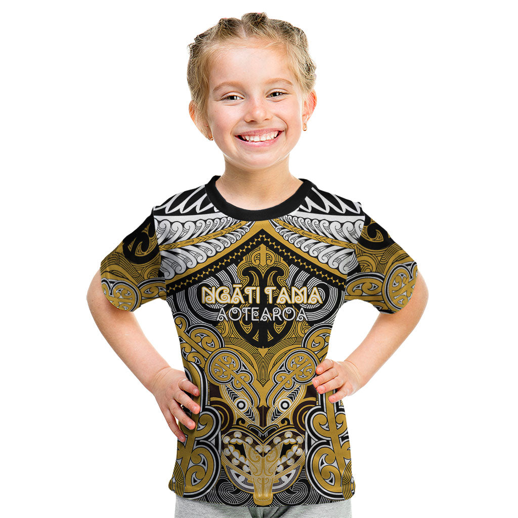 Aotearoa Iwi Ngati Tama Personalised Kid T Shirt Maori Kowhaiwhai Pattern LT19 Yellow - Polynesian Pride