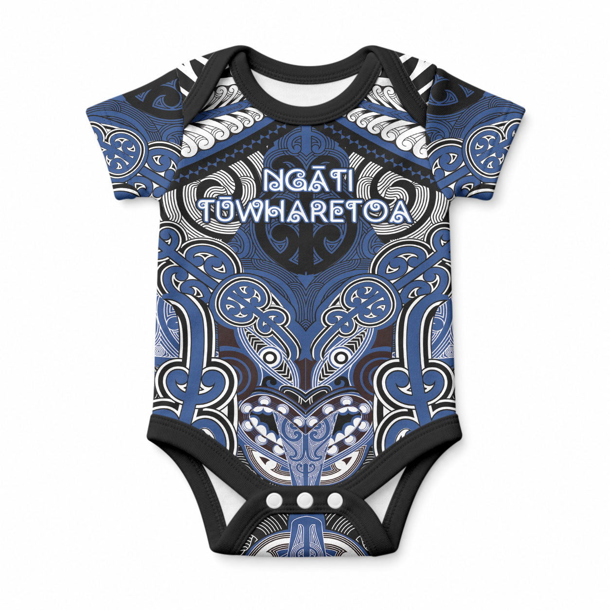 Aotearoa Iwi Ngati Tuwharetoa Personalised Baby Onesie Maori Kowhaiwhai Pattern LT19 Blue - Polynesian Pride