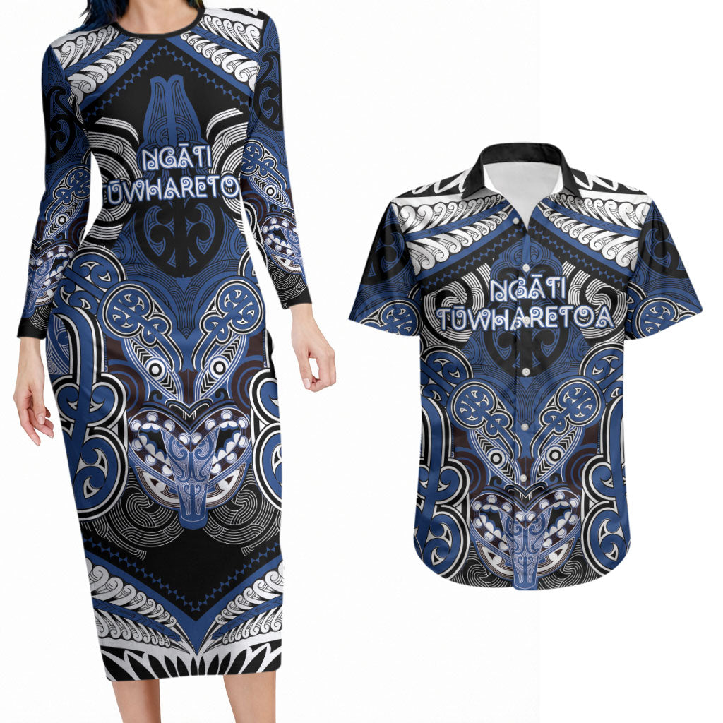 Aotearoa Iwi Ngati Tuwharetoa Personalised Couples Matching Long Sleeve Bodycon Dress and Hawaiian Shirt Maori Kowhaiwhai Pattern