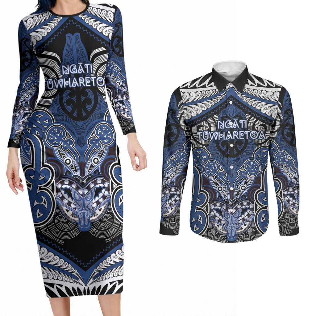 Aotearoa Iwi Ngati Tuwharetoa Personalised Couples Matching Long Sleeve Bodycon Dress and Long Sleeve Button Shirt Maori Kowhaiwhai Pattern