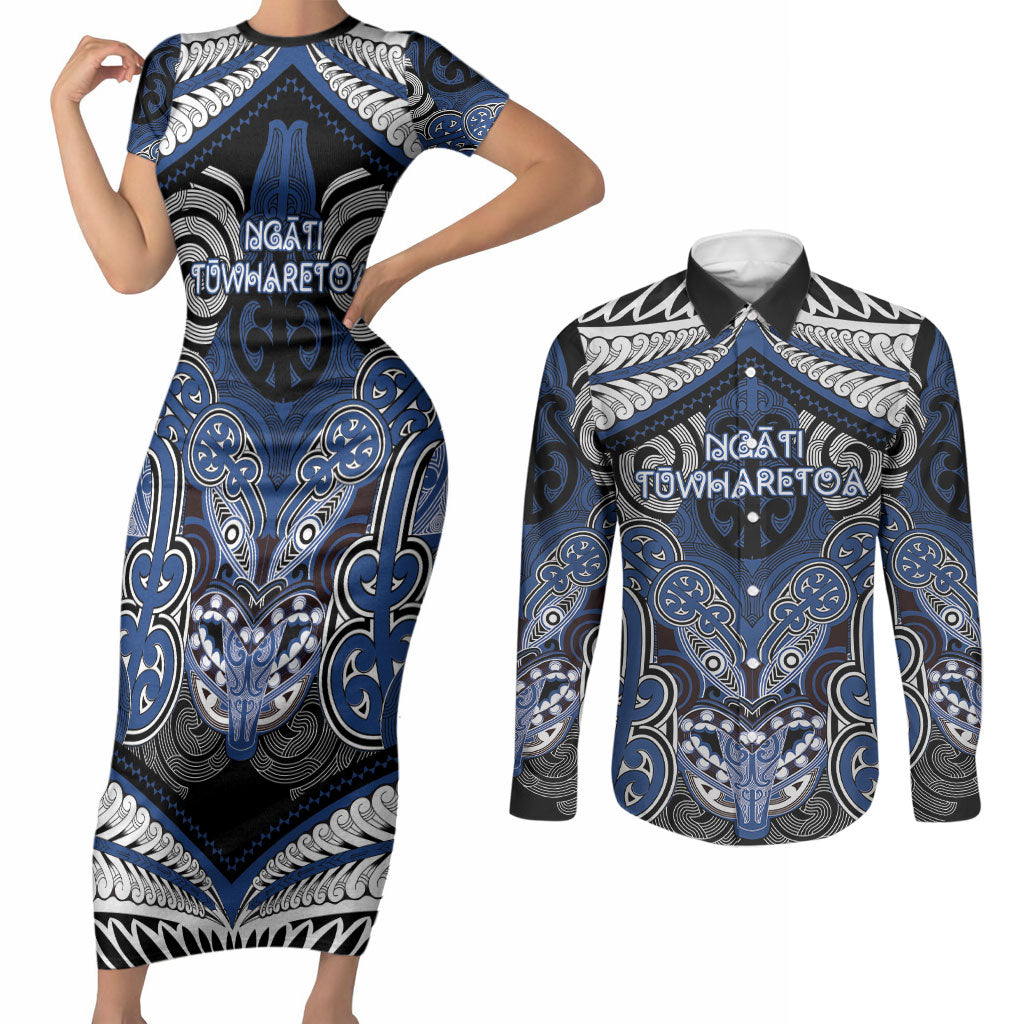 Aotearoa Iwi Ngati Tuwharetoa Personalised Couples Matching Short Sleeve Bodycon Dress and Long Sleeve Button Shirt Maori Kowhaiwhai Pattern