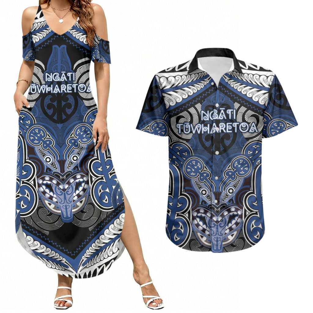 Aotearoa Iwi Ngati Tuwharetoa Personalised Couples Matching Summer Maxi Dress and Hawaiian Shirt Maori Kowhaiwhai Pattern