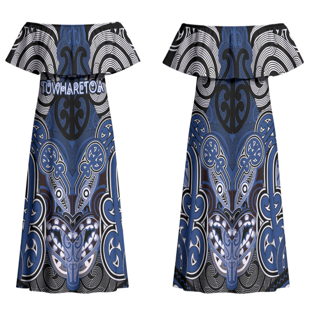 Aotearoa Iwi Ngati Tuwharetoa Personalised Family Matching Off Shoulder Maxi Dress and Hawaiian Shirt Maori Kowhaiwhai Pattern