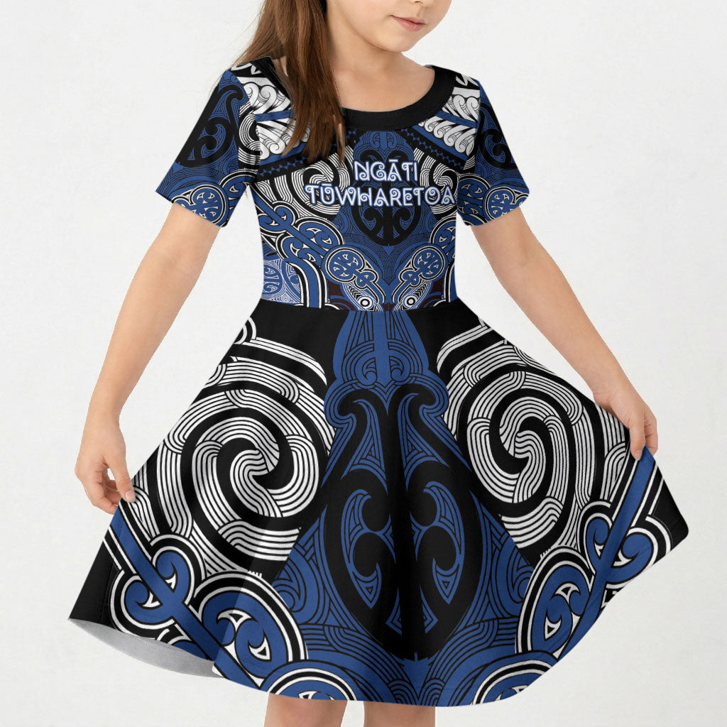 Aotearoa Iwi Ngati Tuwharetoa Personalised Kid Short Sleeve Dress Maori Kowhaiwhai Pattern