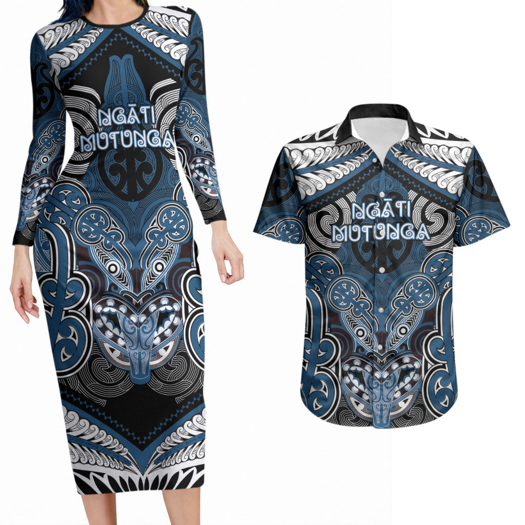 Aotearoa Iwi Ngati Mutunga Personalised Couples Matching Long Sleeve Bodycon Dress and Hawaiian Shirt Maori Kowhaiwhai Pattern