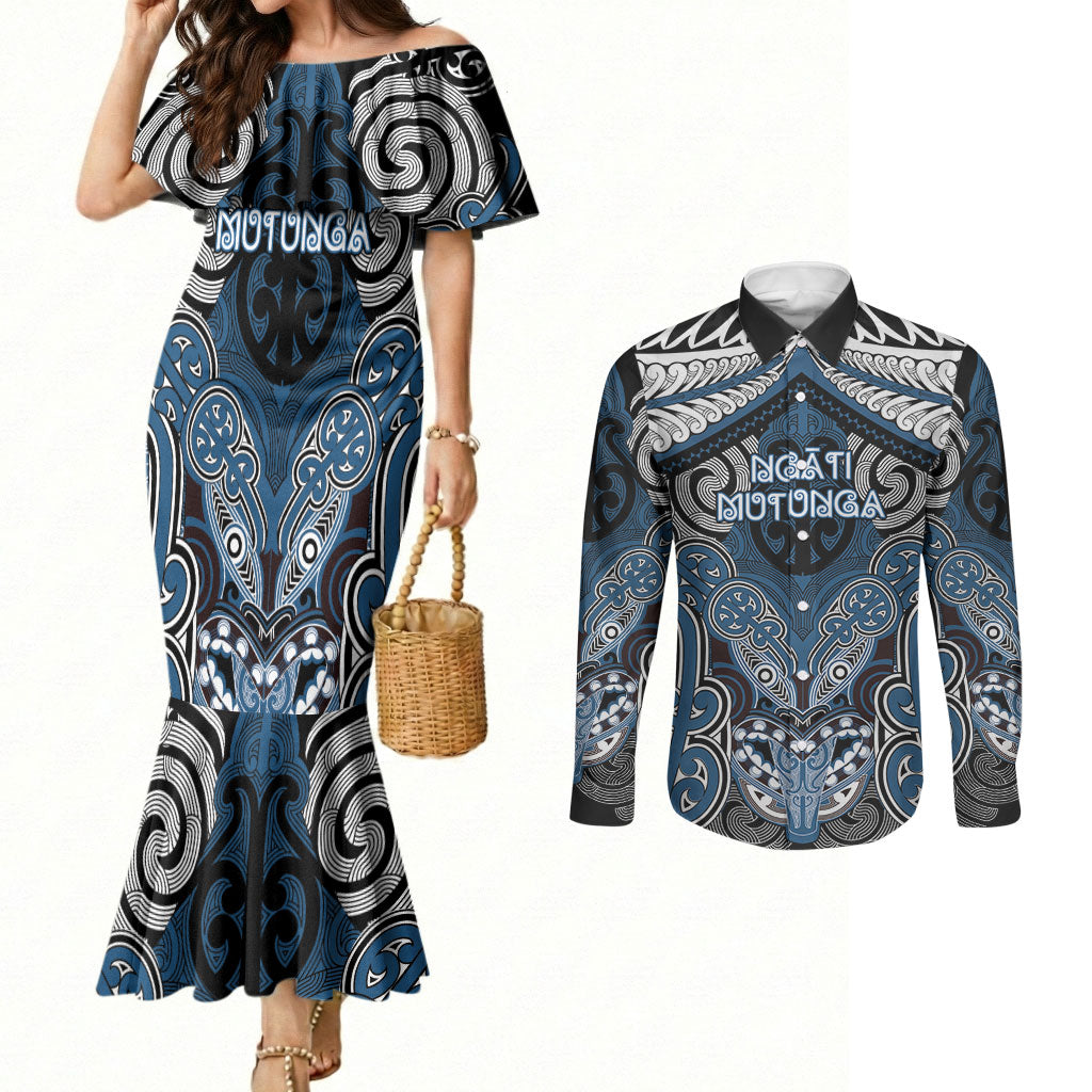 Aotearoa Iwi Ngati Mutunga Personalised Couples Matching Mermaid Dress and Long Sleeve Button Shirt Maori Kowhaiwhai Pattern