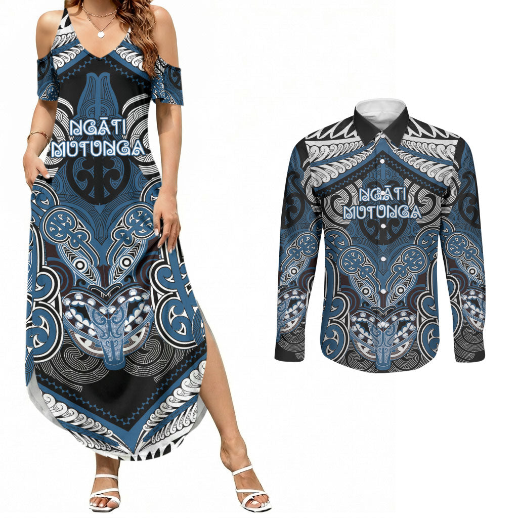 Aotearoa Iwi Ngati Mutunga Personalised Couples Matching Summer Maxi Dress and Long Sleeve Button Shirt Maori Kowhaiwhai Pattern