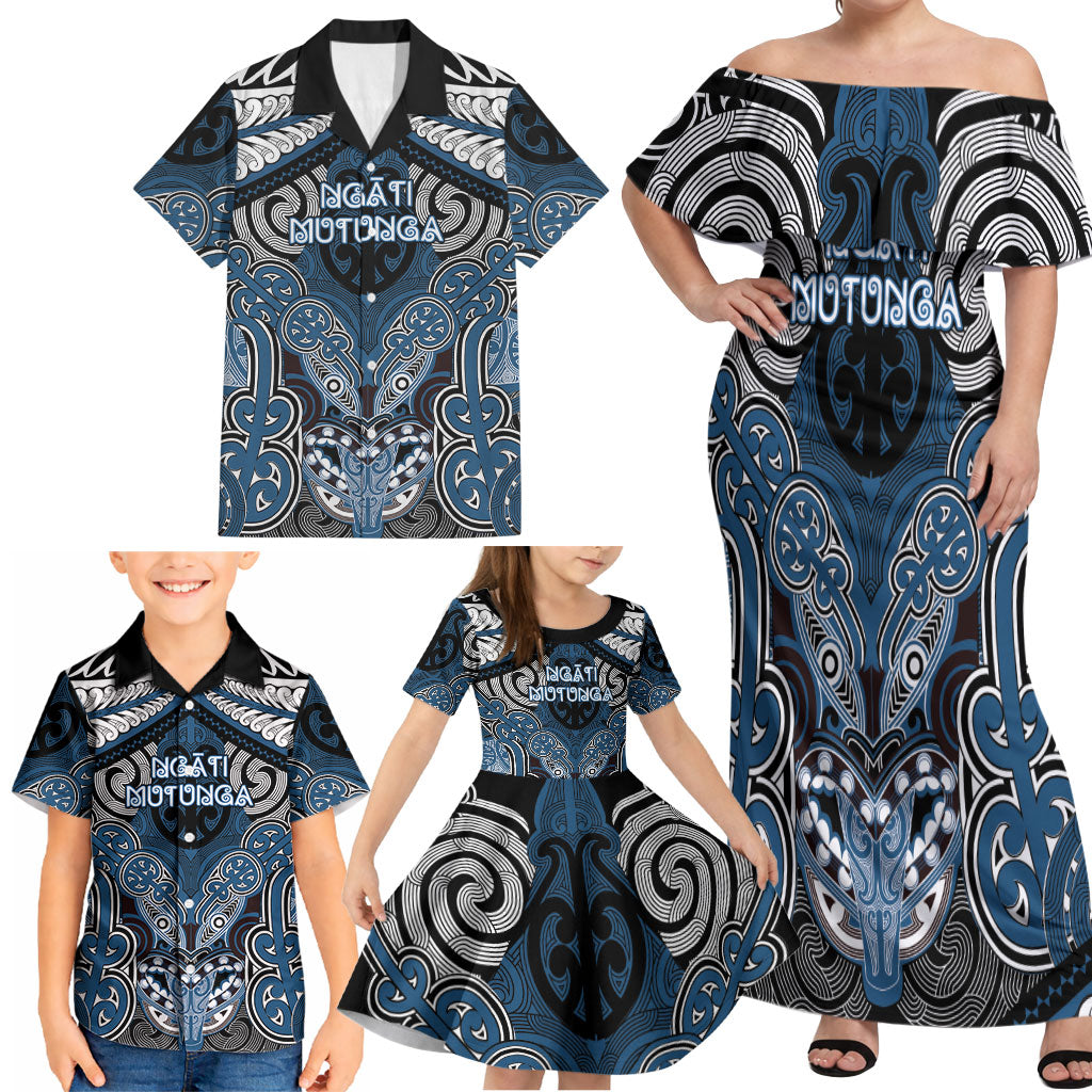 Aotearoa Iwi Ngati Mutunga Personalised Family Matching Off Shoulder Maxi Dress and Hawaiian Shirt Maori Kowhaiwhai Pattern