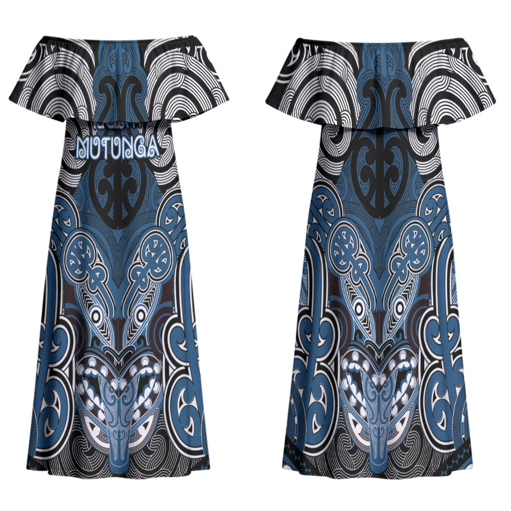 Aotearoa Iwi Ngati Mutunga Personalised Family Matching Off Shoulder Maxi Dress and Hawaiian Shirt Maori Kowhaiwhai Pattern