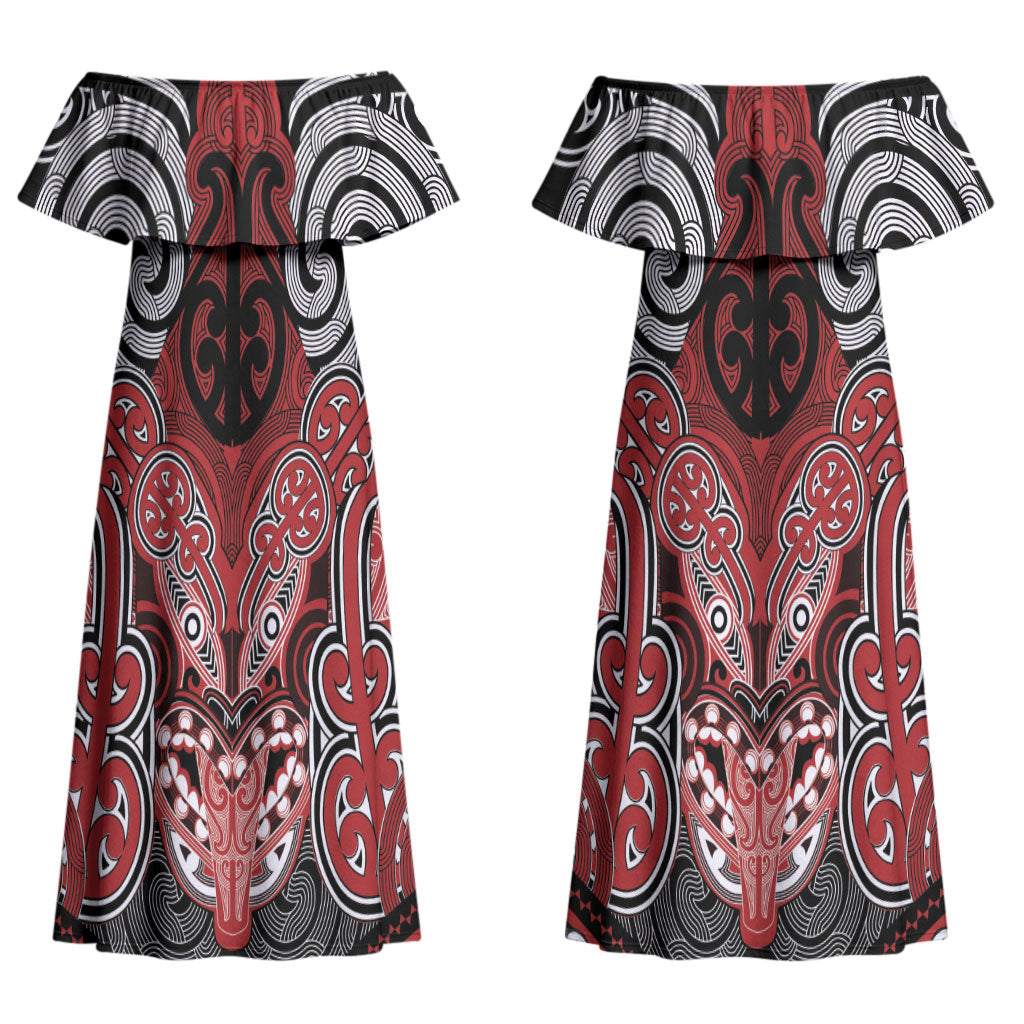 Aotearoa Iwi Te Ati Awa Personalised Couples Matching Off Shoulder Maxi Dress and Long Sleeve Button Shirt Maori Kowhaiwhai Pattern