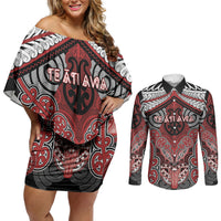 Aotearoa Iwi Te Ati Awa Personalised Couples Matching Off Shoulder Short Dress and Long Sleeve Button Shirt Maori Kowhaiwhai Pattern