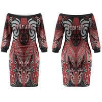Aotearoa Iwi Te Ati Awa Personalised Couples Matching Off The Shoulder Long Sleeve Dress and Hawaiian Shirt Maori Kowhaiwhai Pattern