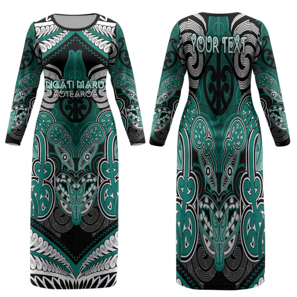 Aotearoa Iwi Ngati Maru Personalised Family Matching Long Sleeve Bodycon Dress and Hawaiian Shirt Maori Kowhaiwhai Pattern