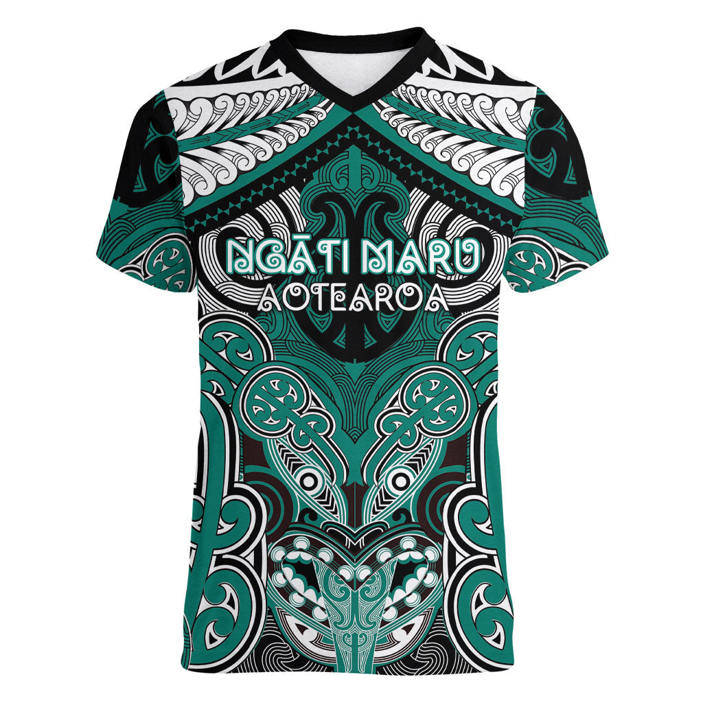 Aotearoa Iwi Ngati Maru Personalised Women V-Neck T-Shirt Maori Kowhaiwhai Pattern