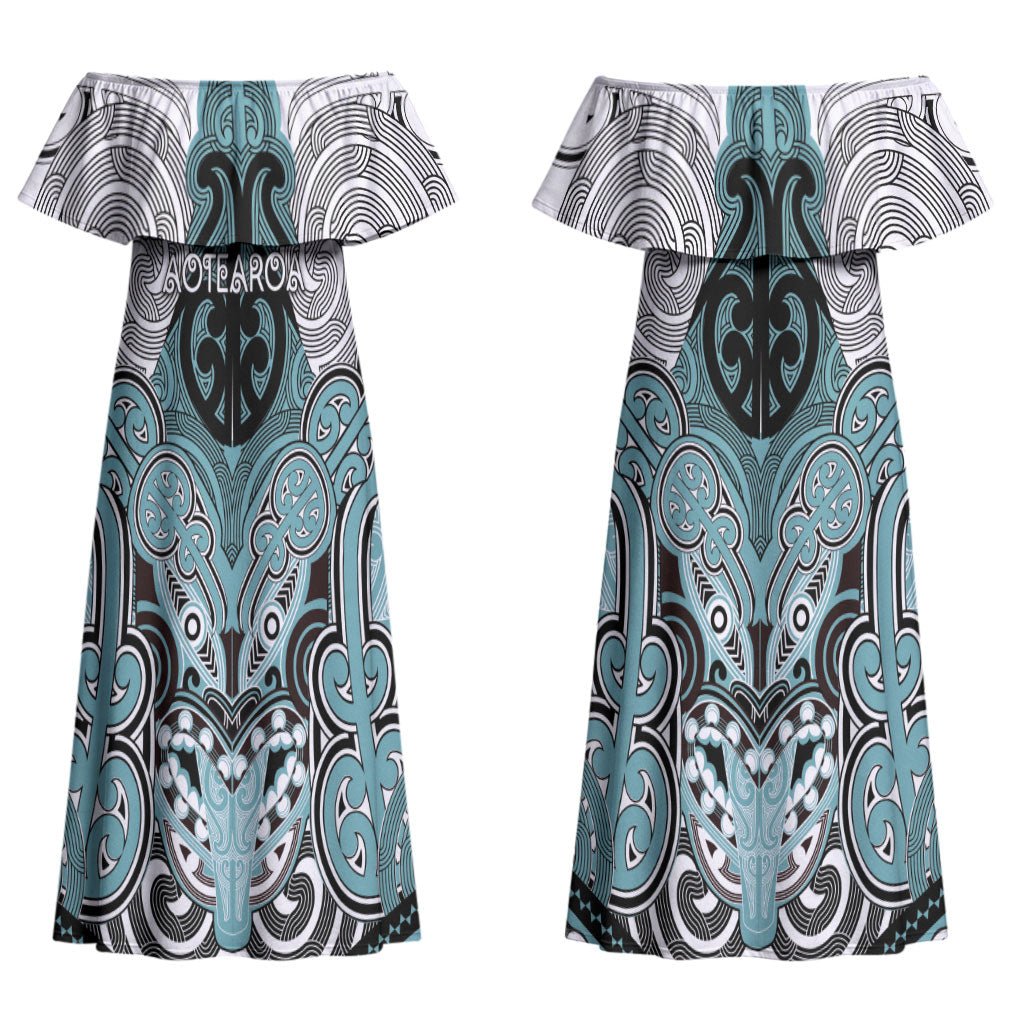Aotearoa Iwi Ngati Paoa Personalised Couples Matching Off Shoulder Maxi Dress and Long Sleeve Button Shirt Maori Kowhaiwhai Pattern