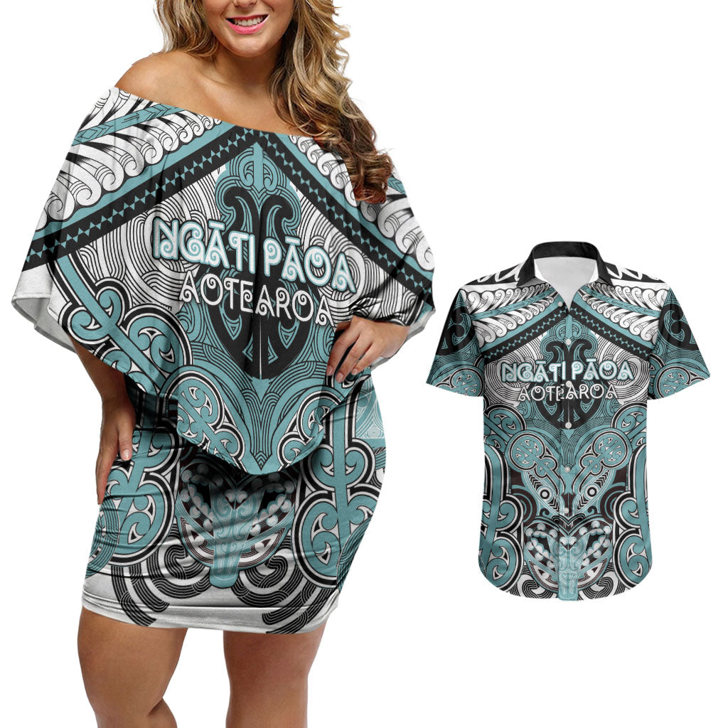 Aotearoa Iwi Ngati Paoa Personalised Couples Matching Off Shoulder Short Dress and Hawaiian Shirt Maori Kowhaiwhai Pattern