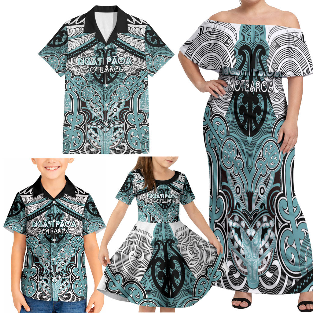 Aotearoa Iwi Ngati Paoa Personalised Family Matching Off Shoulder Maxi Dress and Hawaiian Shirt Maori Kowhaiwhai Pattern