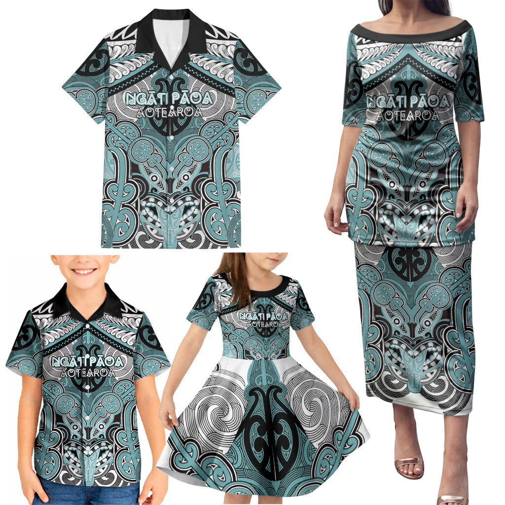 Aotearoa Iwi Ngati Paoa Personalised Family Matching Puletasi and Hawaiian Shirt Maori Kowhaiwhai Pattern