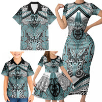 Aotearoa Iwi Ngati Paoa Personalised Family Matching Short Sleeve Bodycon Dress and Hawaiian Shirt Maori Kowhaiwhai Pattern