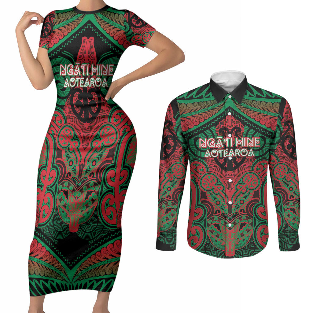 Aotearoa Iwi Ngati Hine Personalised Couples Matching Short Sleeve Bodycon Dress and Long Sleeve Button Shirt Maori Kowhaiwhai Pattern